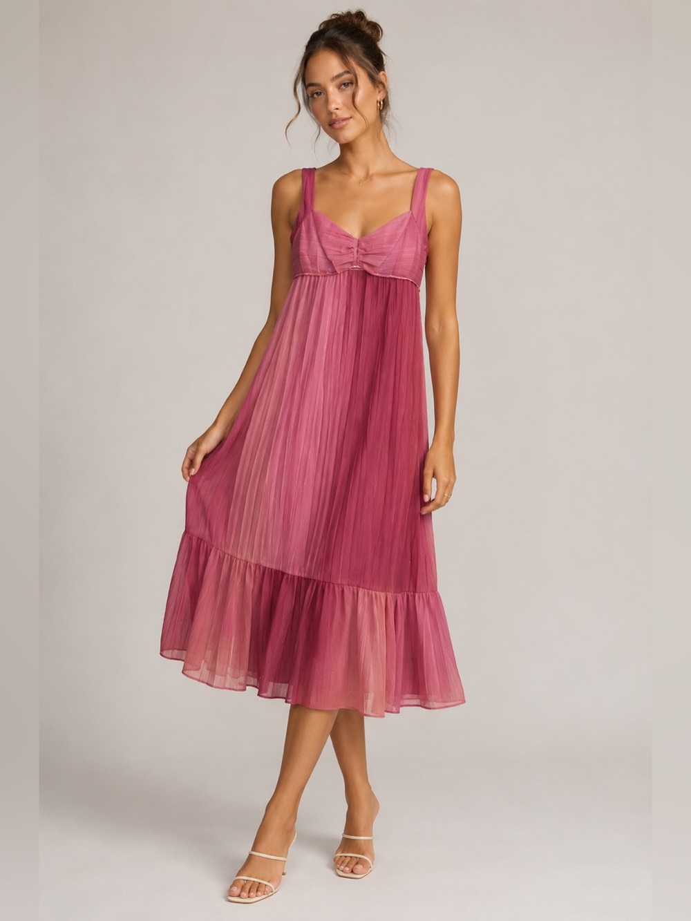 VTG Barbiecore Pink Midi Fairy Chiffon Ombré Sleeveless Pleated Dress Size 12